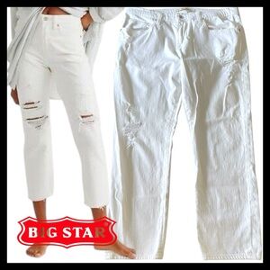 Vintage Big Star Jeans White Distressed Mid-Rise Boyfriend Crop Jeans (31x27)